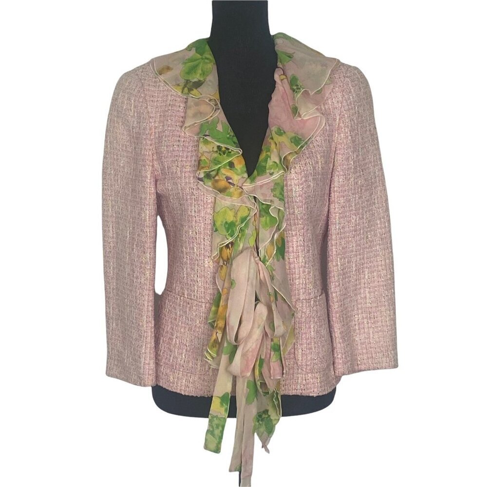 Tweed Blazer LEA ROME Women Size M/L Pink Ruffle Front Feminine Elegant Stylish‎